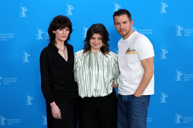February 14, 2026, Berlin, Germany: (from left) Violet Braeckman, director Teodora Ana Mihai and Matteo Simon pose during the photocall for Heysel 85 at the 76th Berlin International Film Festival (Berlinale) in Berlin. The festival runs from Feb. 12 to 22, 2026. Berlin Germany - ZUMAf146 20260214_zip_f146_039 Copyright: xRouzbehxFouladix