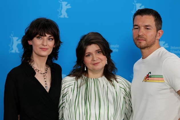February 14, 2026, Berlin, Germany: (from left) Violet Braeckman, director Teodora Ana Mihai and Matteo Simon pose during the photocall for Heysel 85 at the 76th Berlin International Film Festival (Berlinale) in Berlin. The festival runs from Feb. 12 to 22, 2026. Berlin Germany - ZUMAf146 20260214_zip_f146_052 Copyright: xRouzbehxFouladix