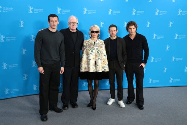 Callum Turner, Tracy Letts, Pamela Anderson ,Jamie Bell, Lukas Gage pose at the Rosebush Pruning photocall during the 76th Berlinale International Film Festival Berlin at Grand Hyatt Hotel on February 14, 2026 in Berlin, Germany Pamela Anderson at Rosebush Pruning photocall during the 76th Berlinale International Film Festival Berlin at Grand Hyatt Hotel in Berl