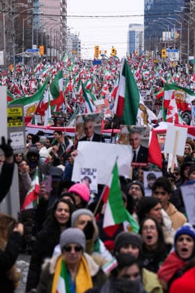 Thousands march in Toronto in support of regime change in Iran TORONTO, CANADA - FEBRUARY 14 : Thousands of protestors attend a rally at Yonge Street against Iranian regime on February 14, 2026 in Toronto, Ontario, Canada. Toronto Police warned of ‘extreme traffic and transit delays with attendance of as many as 200,000 people . Protesters waving flags and chanting slogans in solidarity with the Iranian people, marched along Yonge Street in North York within ‘Global Day of Action’. Mert Alper Dervis Anadolu Ontario Canada. Editorial use only. Please get in touch for any other usage.  Copyright: x2026xAnadoluxMertxAlperxDervisx
