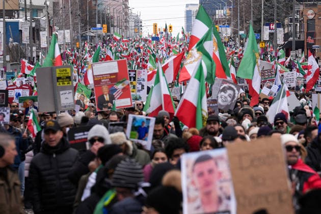 Thousands march in Toronto in support of regime change in Iran TORONTO, CANADA - FEBRUARY 14 : Thousands of protestors attend a rally at Yonge Street against Iranian regime on February 14, 2026 in Toronto, Ontario, Canada. Toronto Police warned of ‘extreme traffic and transit delays with attendance of as many as 200,000 people . Protesters waving flags and chanting slogans in solidarity with the Iranian people, marched along Yonge Street in North York within ‘Global Day of Action’. Mert Alper Dervis Anadolu Ontario Canada. Editorial use only. Please get in touch for any other usage.  Copyright: x2026xAnadoluxMertxAlperxDervisx