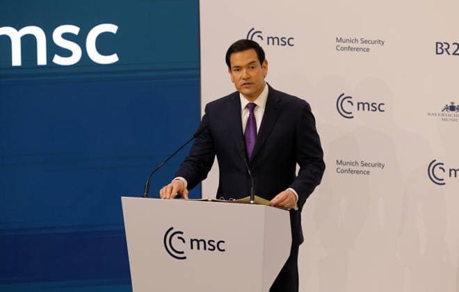Der US-amerikanische Aussenminister Marco Rubio bei seiner Rede an der Münchner Sicherheitskonferenz am 14. Februar 2026. Der US-amerikanische Aussenminister Marco Rubio bei seiner Rede an der Münchner Sicherheitskonferenz am 14. Februar 2026. München Bayern Deutschland *** US Secretary of State Marco Rubio during his speech at the Munich Security Conference on February 14, 2026 US Secretary of State Marco Rubio during his speech at the Munich Security Conference on February 14, 2026 Munich Bavaria Germany