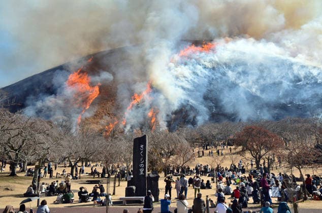 News Bilder des Tages Mountain burning event in central Japan Spectators watch as kaya thatch plants are burnt during a traditional burning event on 580-meter-tall Mt. Omuro in Ito in Shizuoka Prefecture, central Japan, on Feb. 15, 2026. The practice, dating back over 700 years, is said to herald the arrival of spring.  A14AA0005287714P