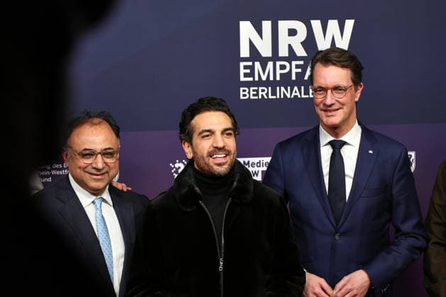 Berlin, Germany, 15 02 2026 NRW State Representation Berlinale Party of the Filmstiftung L R Head of the Filmstiftung Walid Nakschbandi, actor Elyas M Barek, NRW Minister President Hendrik Wüst CDU Copyright: xdtsxNachrichtenagenturx dts_106336