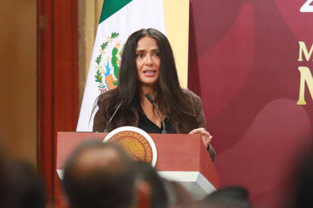 Incentives For The Film And Audiovisual Industry News Conference Mexican actress and producer Salma Hayek speaks during the announcement of incentives for the film and audiovisual industry at the National Palace. on February 15, 2026 in Mexico City, Mexico. (Photo by Carlos Santiago Eyepix Group) Copyright: xCarlosxSantiagox xEyepixxGroupx CS_15022026_176049