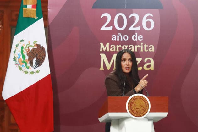 Incentives For The Film And Audiovisual Industry News Conference Mexican actress and producer Salma Hayek speaks during the announcement of incentives for the film and audiovisual industry at the National Palace. on February 15, 2026 in Mexico City, Mexico. (Photo by Carlos Santiago Eyepix Group) Copyright: xCarlosxSantiagox xEyepixxGroupx CS_15022026_176040