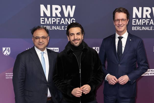 Walid Nakschbandi CEO Medienstiftung NRW , Elyas M Barek and Hendrik Wuest at the NRW reception on 15 02 2026 as part of the 76 Berlinale in Berlin NRW Berlinale reception in Berlin