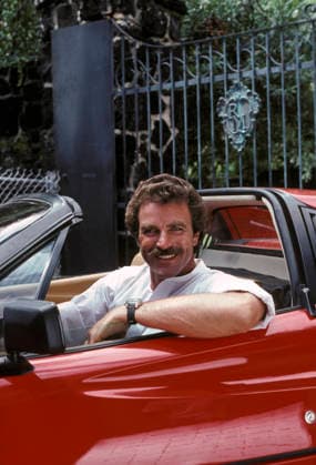 RECORD DATE NOT STATED Magnum, P.I. Tom Selleck in a 1980 Ferrari 308 GTS 1981 EDITORIAL USE ONLY  Copyright: x