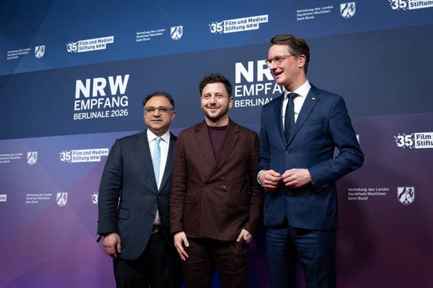 23 NRW Reception, Berlinale 23 NRW Reception, Berlinale, State Representation, Berlin, Hendrik Wüst, Minister President, North Rhine-Westphalia, Walid Nakschbandi, Managing Director, Film und Medienstiftung NRW, Felix Banaszak, Member of the Bundestag, Bündnis 90 Die Grünen Berlin Berlin GER