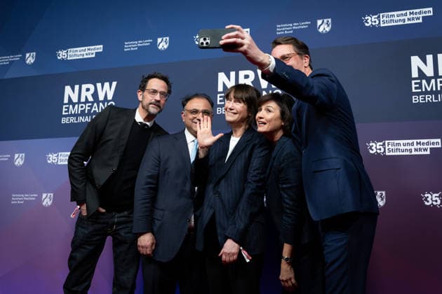 23 NRW Reception, Berlinale 23 NRW Reception, Berlinale, State Representation, Berlin, Hendrik Wüst, Minister President, North Rhine-Westphalia, Walid Nakschbandi, Managing Director, Film und Medienstiftung NRW, Selfie, Sandra Maischberger Berlin Berlin GER