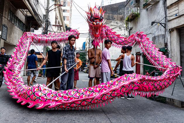 February 16, 2026, Manila, Metro Manila, Philippines: Dragon and Lion dancers in Binondo rehearse and prepare their costumes as they get ready for the upcoming Lunar New Year celebration in Manila. Manila Philippines  - ZUMAl197 20260216_zip_l197_003 Copyright: xHebronxMatthewxLimx