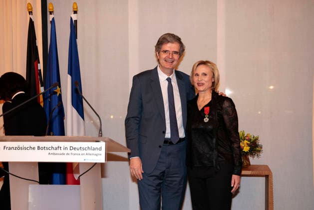 Francois Delattre, the French Ambassador and the laureate Daniela Elstner Unifrance Managing Director at the award ceremony of the Order of the Chevalier for Art and Literature during the Berlinale Soiree Francaise du Cinema at the French Embassy on 16 02 2026 in Berlin Berlinale Soiree Francaise 2026 Award Ceremony of the Order of the Chevalier