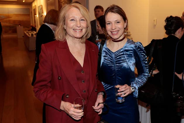 Maren Kroymann and Anna Brueggemann at the award ceremony of the Order of the Chevalier for Art and Literature during the Berlinale Soiree Francaise du Cinema at the French Embassy on February 16, 2026 in Berlin Berlinale Soiree Francaise 2026 Award Ceremony of the Order of the Chevalier