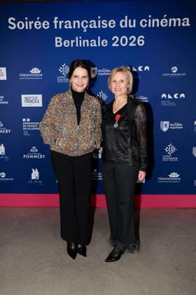 Juliette Binoche and Daniela Elstner Unifrance Managing Director at the award ceremony of the Order of Knighthood for Art and Literature during the Berlinale Soiree Francaise du Cinema at the French Embassy on 16 02 2026 in Berlin Juliette Binoche at the Berlinale Soiree Francaise du Cinema in Berlin
