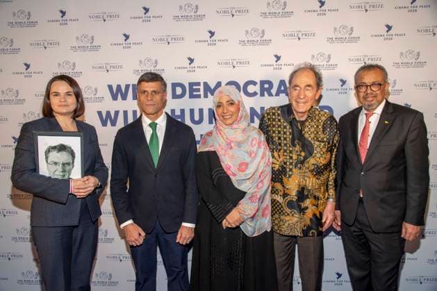 Svetlana Tikhanovskaya, Leopoldo Lopez, Tawakel Karman, Albie Sachs and Tedros Adhanom Ghebreyesus as guests at the Cinema For Peace Gala 2026 at the Hotel Adlon Kempinski on 16 02 2026 in Berlin Berlin Germany