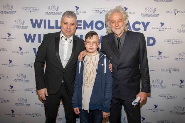 Evgeny Afineevsky, Roman Oleksiv and Bob Geldof as guests at the Cinema For Peace Gala 2026 at the Hotel Adlon Kempinski on 16 02 2026 in Berlin Berlin Germany