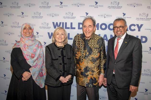 Tawakel Karman, Hillary Clinton Albie Sachs and Tedros Adhanom Ghebreyesus as guests at the Cinema For Peace Gala 2026 at the Hotel Adlon Kempinski on 16 02 2026 in Berlin Berlin Germany