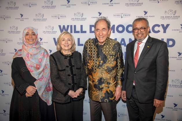 Tawakel Karman, Hillary Clinton Albie Sachs and Tedros Adhanom Ghebreyesus as guests at the Cinema For Peace Gala 2026 at the Hotel Adlon Kempinski on 16 02 2026 in Berlin Berlin Germany