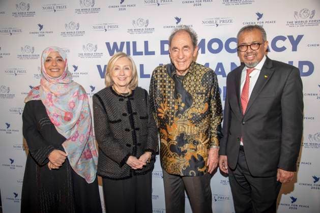 Tawakel Karman, Hillary Clinton Albie Sachs and Tedros Adhanom Ghebreyesus as guests at the Cinema For Peace Gala 2026 at the Hotel Adlon Kempinski on 16 02 2026 in Berlin Berlin Germany