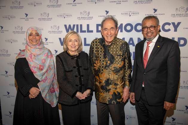 Tawakel Karman, Hillary Clinton Albie Sachs and Tedros Adhanom Ghebreyesus as guests at the Cinema For Peace Gala 2026 at the Hotel Adlon Kempinski on 16 02 2026 in Berlin Berlin Germany