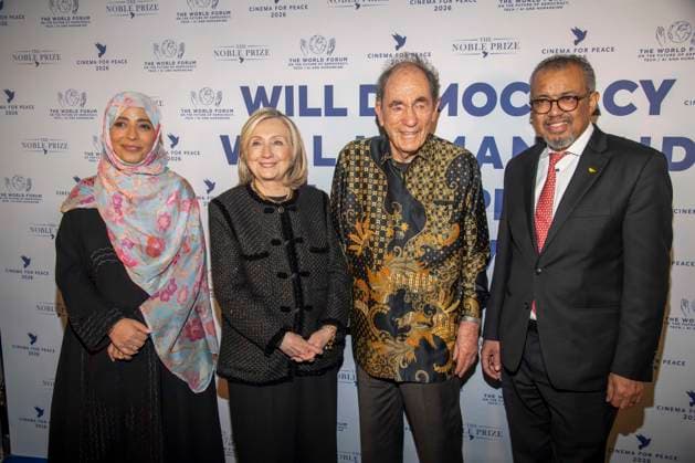 Tawakel Karman, Hillary Clinton Albie Sachs and Tedros Adhanom Ghebreyesus as guests at the Cinema For Peace Gala 2026 at the Hotel Adlon Kempinski on 16 02 2026 in Berlin Berlin Germany