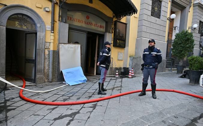 Photo IPP Felice De Martino Naples 17 02 2026 Fire at Teatro Sannazaro in photo Police officers guard the entrance to the theater Italy Photo Press World Copyright