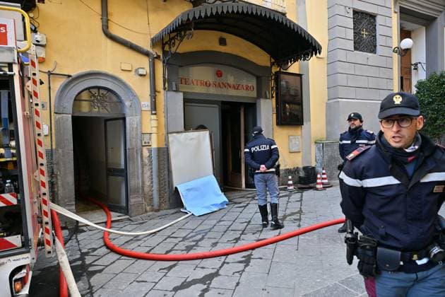 Photo IPP Felice De Martino Naples 17 02 2026 Fire at Teatro Sannazaro in photo Police officers guard the entrance to the theater Italy Photo Press World Copyright