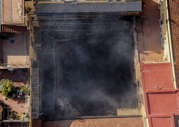 Naples, a fire completely destroys the Sannazaro Theater, San nazaro, in Naples, the firefighters intervene on the scene, together with the police and the Carabinieri forces, who keep away the onlookers, the actress and mangager of the theater Lara Sansone and other theater employees in tears.  Copyright: xSalvatorexLaporta KONTROLABx xipa-agency.netx xKontrolabx IPA_Agency_IPA71643052