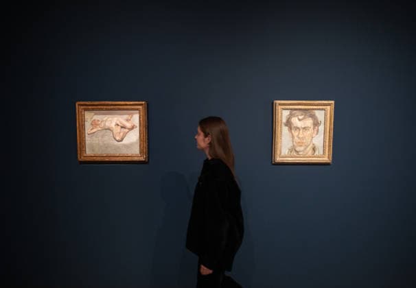 Lucian Freud, Blond Girl on a Bed, 1987 and A Young Painter, 1957-58 are on display for a press preview of Sotheby s The Greatest School of London Works On View Anywhere in New York at the Breuer Building on Tuesday, February 17, 2026 in New York City.  NYP20260217609 SERENAxXUxNING