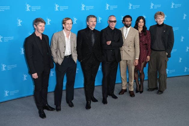 Sam Hazeldine, Austin Amelio, Ethan Hawke, Padraic McKinley, Avi Nash, Julia Jones and Lucas Lynggaard Toennesen at The Weight Photocall as part of the 76th Berlin International Film Festival Berlinale on 17 02 2026 in Berlin Berlinale 2026 The Weight Photocall with Ethan Hawke