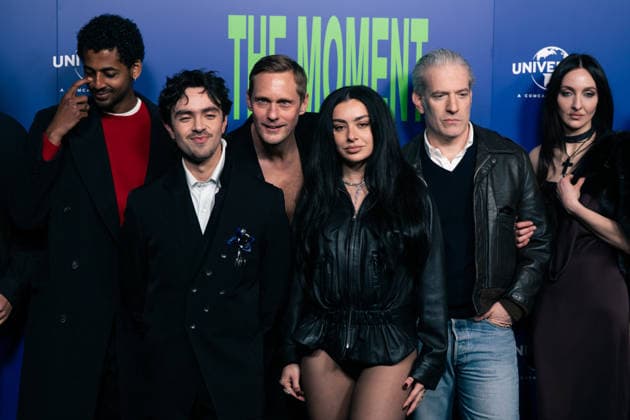 February 17, 2026, London, United Kingdom: (L-R) Jamie Demetriou, Michael Workeye, Aidan Zamiri, Alexander Skarsgard, Charli XCX and Mel Ottenberg attend The Moment UK Premiere held at Picturehouse Central. London United Kingdom - ZUMAs197 20260217_aaa_s197_257 Copyright: xLounisxTiarx