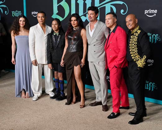 (L-R) Safia Oakley-Green, Ismael Cruz Cordova, Vedanten Naidoo, Priyanka Chopra Jonas, Karl Urban, Frank E. Flowers and Temuera Morrison attend the world premiere of the motion picture swashbuckler adventure The Bluff at the TCL Chinese Theatre in the Hollywood section of Los Angeles on Tuesday, February 17, 2026. Storyline: A Caribbean woman gets her secret past revealed when her island is invaded by vicious buccaneers.  LAP2026021749 JIMxRUYMEN