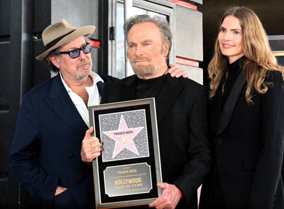 February 12, 2026, Los Angeles, California, United States: Director Julian Schnabel and wife Louise Kugelberg Schnabel pose with actor Franco Nero at the Franco Nero Star Ceremony held on The Hollywood Walk Of Fame Los Angeles United States - ZUMAs197 20260212_aaa_s197_897 Copyright: xAlbertxL.xOrtegax