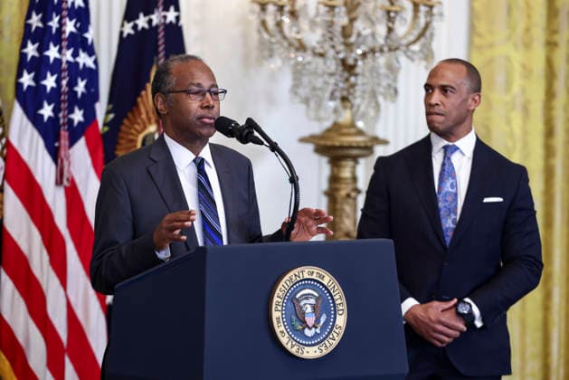 Former Housing and Urban Development Secretary Dr. Ben Carson (L) speaks alongside U.S. Secretary of Housing and Urban Development Eric Turner (R) at a reception for Black History Month in the East Room of the White House in Washington, DC on Wednesday, February 18, 2026. The event comes less than two weeks after President Trump s Truth Social account shared a racist video of former President Barack Obama and former First Lady Michelle Obama.  WASP20260218110 JIMxLOxSCALZO