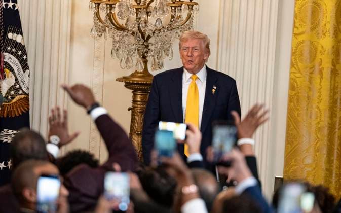 February 18, 2026, Washington, District Of Columbia, USA: United States President Donald J Trump participates in a Black History Month Reception in the East Room of the White House in Washington, DC, USA, on Wednesday, February 18, 2026 Washington USA  - ZUMAs152 20260218_faa_s152_032 Copyright: xAndrewxThomasx