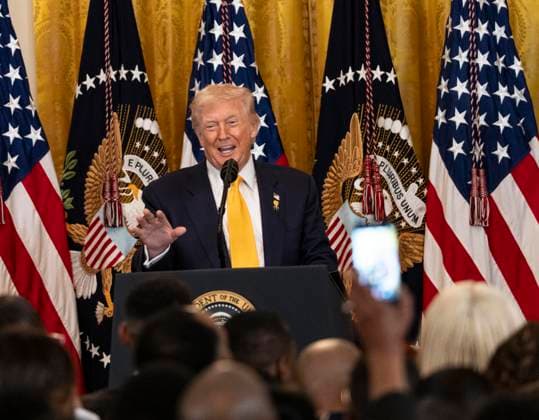 February 18, 2026, Washington, District Of Columbia, USA: United States President Donald J Trump participates in a Black History Month Reception in the East Room of the White House in Washington, DC, USA, on Wednesday, February 18, 2026 Washington USA  - ZUMAs152 20260218_faa_s152_057 Copyright: xAndrewxThomasx