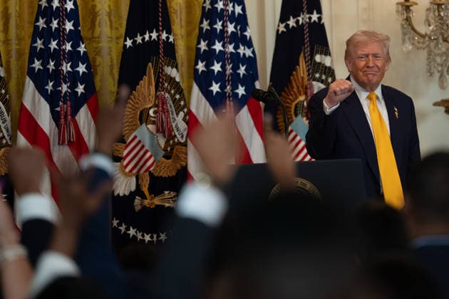 February 18, 2026, Washington, Maryland, United States: President DONALD TRUMP speaks at a Black History Month reception in the East Room of the White House. Washington United States  - ZUMAl312 20260218_znp_l312_039 Copyright: xAndrewxLeydenx