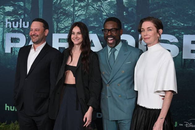 LOS ANGELES, CALIFORNIA FEBRUARY 18 Dan Fogelman, Shailene Woodley, Sterling K Brown and Julianne Nicholson at the premiere of Hulus Paradise Season 2 at Paramount Theatre on February 18, 2026 in Los Angeles, California Credit Michael Mattes AdMedia 453232 2026 02 19  Copyright: xAdMediax STAR_453232_145