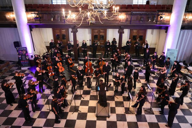 19 02 2026. London, United Kingdom. Her Majesty The Queen, as Patron, during a visit to Sinfonia Smith Square Hall. Her Majesty watched young scholars from the Tri-Borough Music Hub rehearse and perform with the Sinfonia Smith Square Orchestra. In the Crypt, the Queen was shown drawings of the proposed restoration works to create a 21st century performance facility which will allow pioneering education programmes to reach over 10,000 people annually as part of The HallÕs ÔDoors Open Capital ProjectÕ.  Copyright: xAndrewxParsonsx xParsonsxMediax PAR-9188-0001