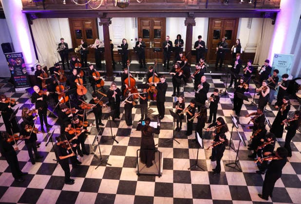 19 02 2026. London, United Kingdom. Her Majesty The Queen, as Patron, during a visit to Sinfonia Smith Square Hall. Her Majesty watched young scholars from the Tri-Borough Music Hub rehearse and perform with the Sinfonia Smith Square Orchestra. In the Crypt, the Queen was shown drawings of the proposed restoration works to create a 21st century performance facility which will allow pioneering education programmes to reach over 10,000 people annually as part of The HallÕs ÔDoors Open Capital ProjectÕ.  Copyright: xAndrewxParsonsx xParsonsxMediax PAR-9188-0006