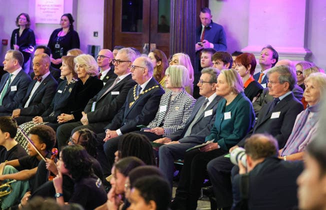 19 02 2026. London, United Kingdom. Her Majesty The Queen, as Patron, during a visit to Sinfonia Smith Square Hall. Her Majesty watched young scholars from the Tri-Borough Music Hub rehearse and perform with the Sinfonia Smith Square Orchestra. In the Crypt, the Queen was shown drawings of the proposed restoration works to create a 21st century performance facility which will allow pioneering education programmes to reach over 10,000 people annually as part of The HallÕs ÔDoors Open Capital ProjectÕ.  Copyright: xAndrewxParsonsx xParsonsxMediax PAR-9188-0015