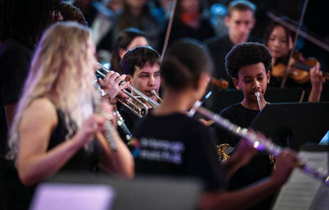 19 02 2026. London, United Kingdom. Her Majesty The Queen, as Patron, during a visit to Sinfonia Smith Square Hall. Her Majesty watched young scholars from the Tri-Borough Music Hub rehearse and perform with the Sinfonia Smith Square Orchestra. In the Crypt, the Queen was shown drawings of the proposed restoration works to create a 21st century performance facility which will allow pioneering education programmes to reach over 10,000 people annually as part of The HallÕs ÔDoors Open Capital ProjectÕ.  Copyright: xAndrewxParsonsx xParsonsxMediax PAR-9188-0020