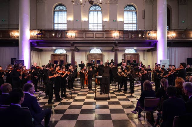 19 02 2026. London, United Kingdom. Her Majesty The Queen, as Patron, during a visit to Sinfonia Smith Square Hall. Her Majesty watched young scholars from the Tri-Borough Music Hub rehearse and perform with the Sinfonia Smith Square Orchestra. In the Crypt, the Queen was shown drawings of the proposed restoration works to create a 21st century performance facility which will allow pioneering education programmes to reach over 10,000 people annually as part of The HallÕs ÔDoors Open Capital ProjectÕ.  Copyright: xAndrewxParsonsx xParsonsxMediax PAR-9188-0033