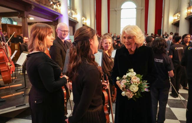 19 02 2026. London, United Kingdom. Her Majesty The Queen, as Patron, during a visit to Sinfonia Smith Square Hall. Her Majesty watched young scholars from the Tri-Borough Music Hub rehearse and perform with the Sinfonia Smith Square Orchestra. In the Crypt, the Queen was shown drawings of the proposed restoration works to create a 21st century performance facility which will allow pioneering education programmes to reach over 10,000 people annually as part of The HallÕs ÔDoors Open Capital ProjectÕ.  Copyright: xAndrewxParsonsx xParsonsxMediax PAR-9188-0037