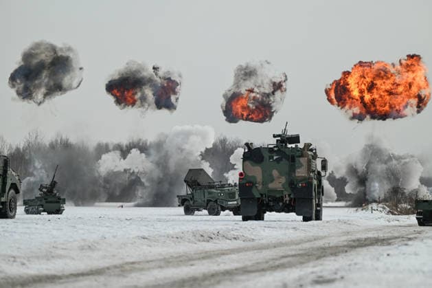 Polish PM Tusk Observes Military Drone Systems Demonstration ZIELONKA, POLAND – FEBRUARY 19: A view of multiple explosions from intercepted targets and successful strikes by loitering munitions is seen during a large-scale demonstration of unmanned weapon systems at the Military Institute of Armament Technology training ground in Zielonka, Masovian Voivodeship, Poland, on February 19, 2026. The event brings together companies from the Polish Armaments Group (PGZ) Capital Group and leading military and civilian research institutes to jointly demonstrate aerial and ground unmanned strike, reconnaissance, evacuation and transport systems. Artur Widak Anadolu Zielonka Poland. Editorial use only. Please get in touch for any other usage.  Copyright: x2026xAnadoluxArturxWidakx