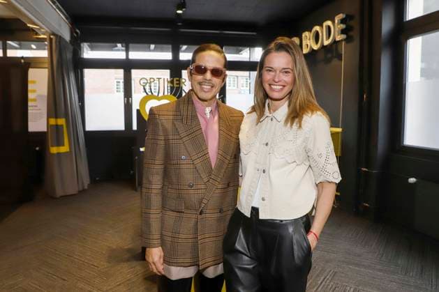 abb Jorge Alexis Gonzalez Madrigal Varona Vila Cuban German choreographer and model with presenter RTL Nord Susanne Boehm at the press brunch for the launch of the exclusive eyewear collection by Jorge Gonzalez at Optiker Bode store in Hamburg on 19 02 2026 HH Germany