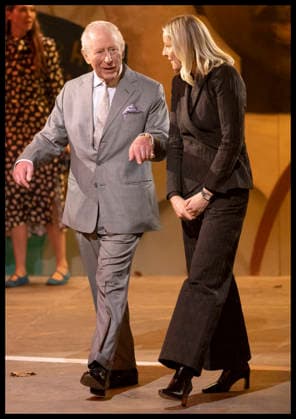 . 19 02 2026. London, United Kingdom. King Charles III with British Fashion Council CEO Laura Weir as they arrive for the start of the Tolu Coker show, on the opening day of London Fashion Week , on the day his brother Andrew Mountbatten-Windsor was arrested.  xStephenxLockx xi-Imagesx IIM-26581-0042