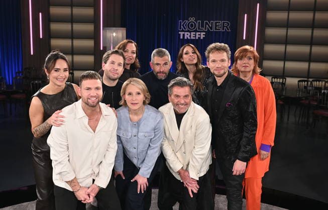 Jessica and Konstantin Streifling, Kevin Kühnert, Natalia Wörner, Susan Link and Micky Beisenherz, Thomas Anders, Amélie van Tass and Thommy Ten and Christine Westermann, l r, as guests on the WDR talk show Kölner Treff