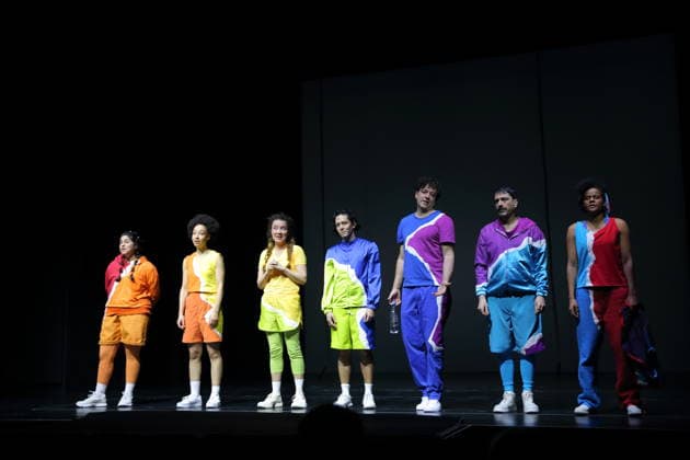 Homa Faghiri, Jessica Cuna, Caroline Erdmann, Jan Tsien Beller, Andrej von Sallwitz, Ariel Nil Levy and Theresa Henning, from left, during the photo rehearsal for Wolf at the Theater an der Parkaue in Berlin, 20 February 2026 By Sasa Stanisic Directed and choreographed by Raphael Moussa Hillebrand Stage and costumes by Jürgen Kirner Premiere is on 24