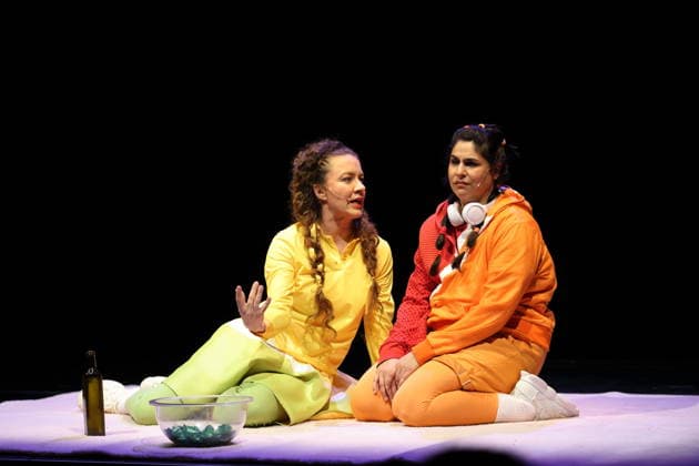 Caroline Erdmann and Homa Faghiri, from left, during the photo rehearsal for Wolf at the Theater an der Parkaue in Berlin, 20 February 2026 By Sasa Stanisic Directed and choreographed by Raphael Moussa Hillebrand Stage and costumes by Jürgen Kirner Premiere is on 24 February 2026 Theater an der Parkaue Berlin Wolf